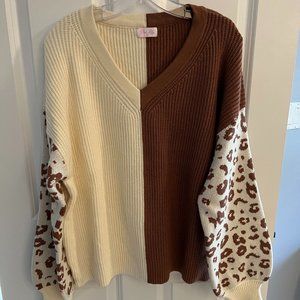 BRAND NEW PINK LILY "NOT OVER YET BROWN COLOR BLOCK LEOPARD SWEATER"